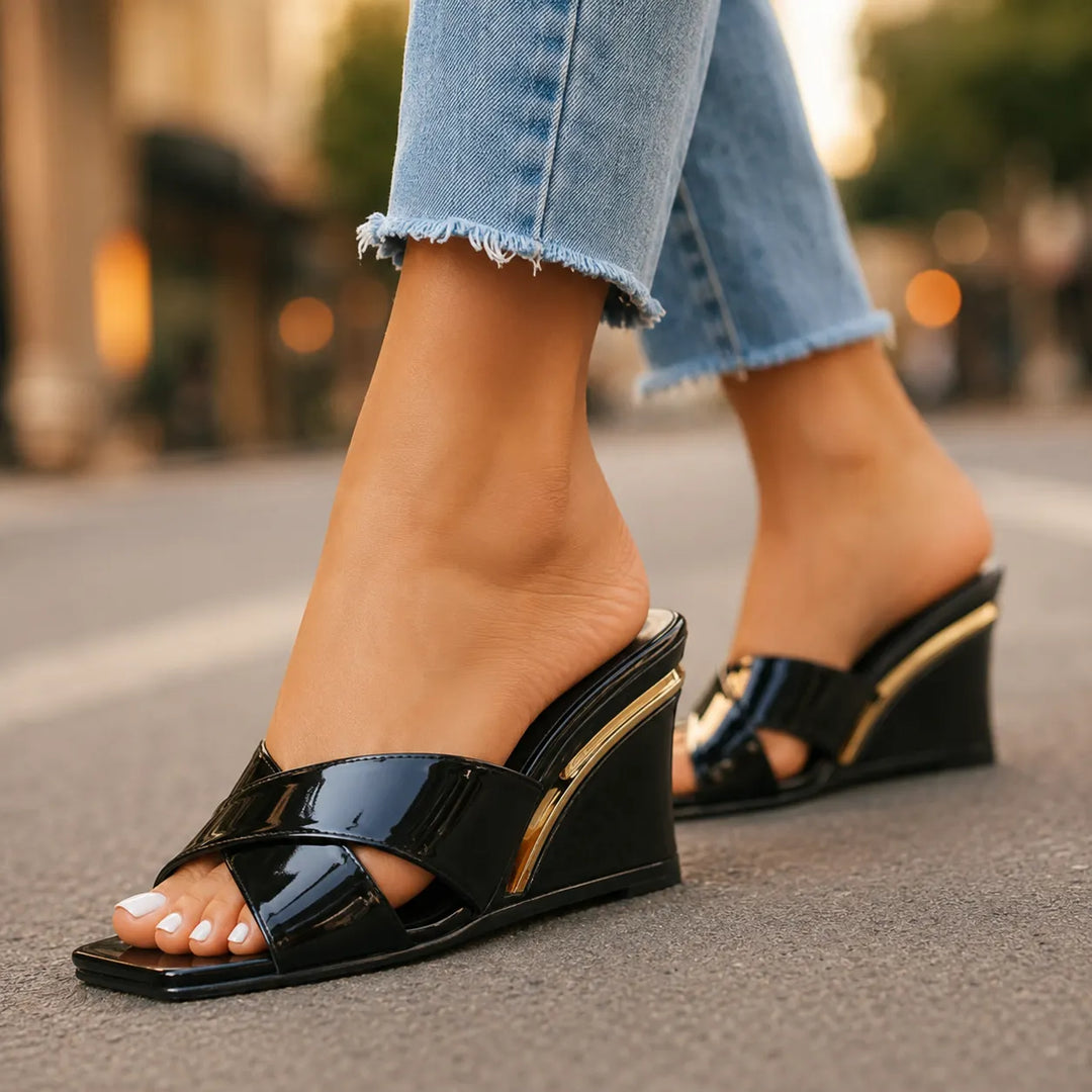 Emmeline - Cross Strap Wedge Mule Sandals