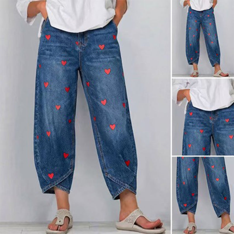 Arabella - Heart Print Barrel Leg Jeans