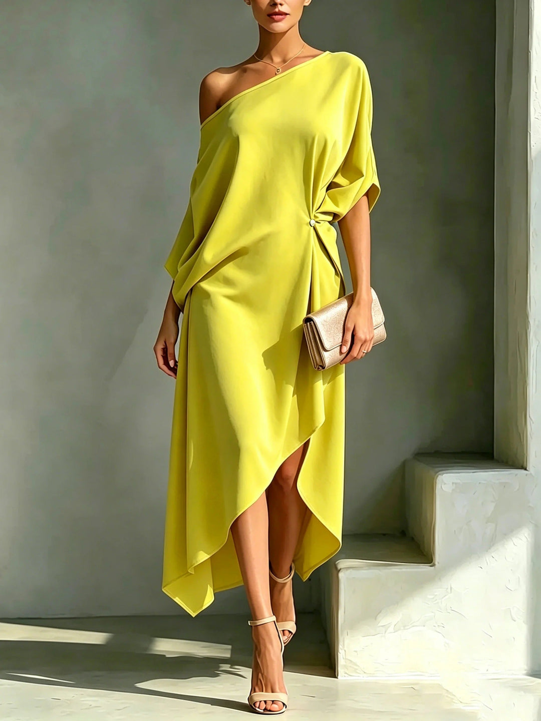 Andrea - Draped Asymmetric One-Shoulder Midi Dress