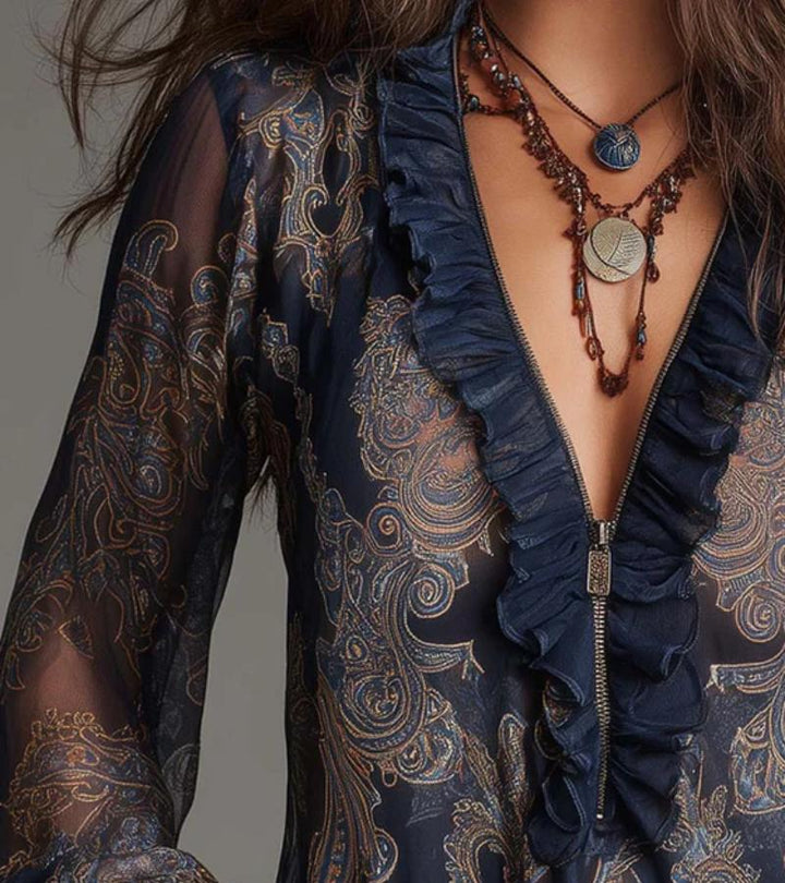Taviana - Soft-Touch Zip-Front Ruffled Blouse