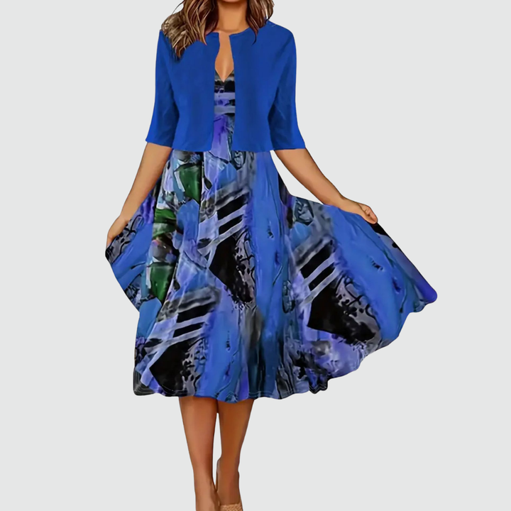 Phaeline - Printed Midi Dress and Cardigan Set
