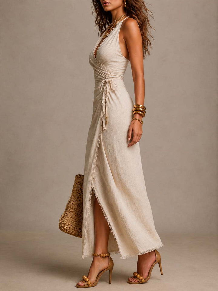 Maevina - Romantic Linen Midi Wrap Dress