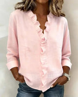 Brinae - Soft-Touch Long-Sleeve Ruffled V-Neck Blouse