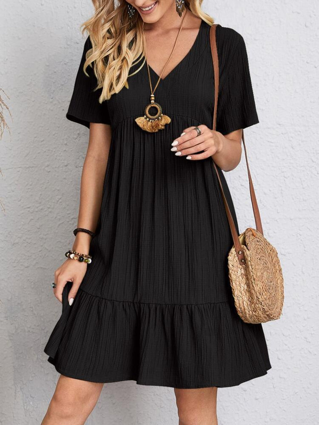 Belinda - Textured V Neck Tiered Mini Dress