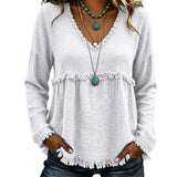 Ariselle - Fringe Trim V-Neck Blouse