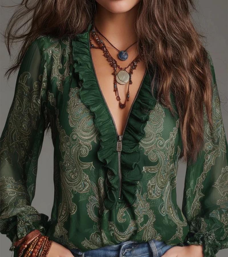 Taviana - Soft-Touch Zip-Front Ruffled Blouse
