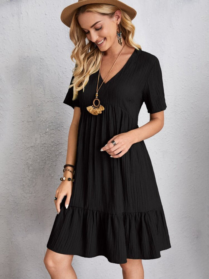 Belinda - Textured V Neck Tiered Mini Dress