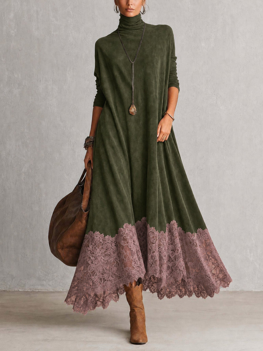Maelis - Velvety Lace-Trim Maxi Dress