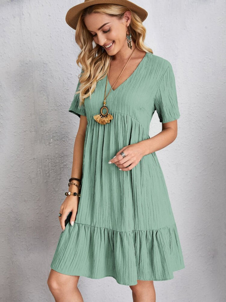 Belinda - Textured V Neck Tiered Mini Dress