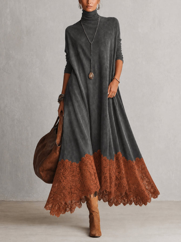 Maelis - Velvety Lace-Trim Maxi Dress