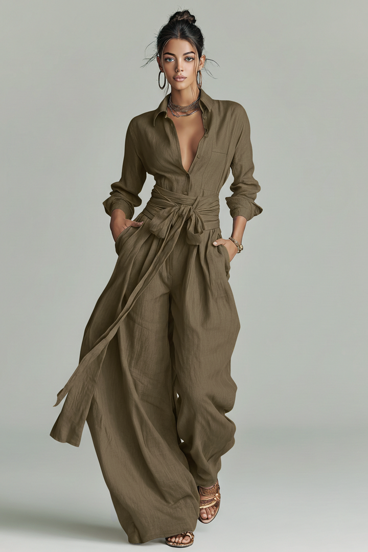 Primalyn - Lightweight Button-Up Top & Wide-Leg Pants Set