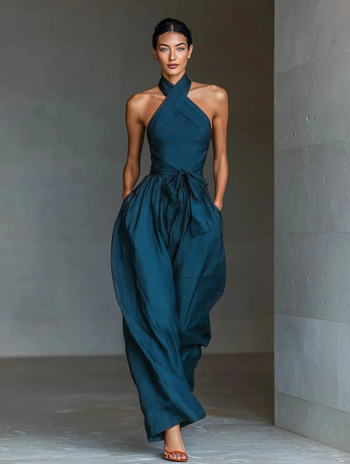 Evaria - Cross Halter Wide Leg Jumpsuit
