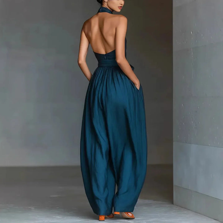 Evaria - Cross Halter Wide Leg Jumpsuit