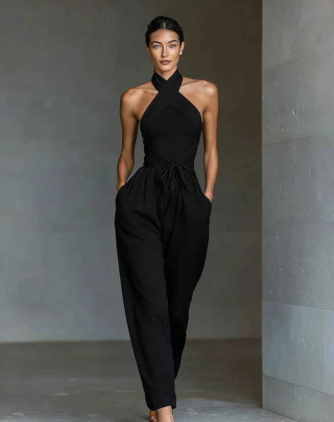 Evaria - Cross Halter Wide Leg Jumpsuit