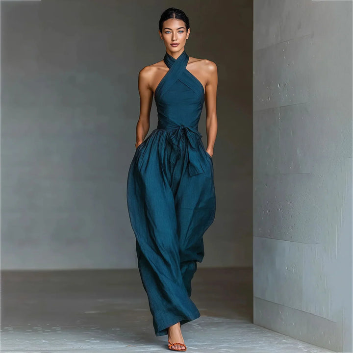 Evaria - Cross Halter Wide Leg Jumpsuit