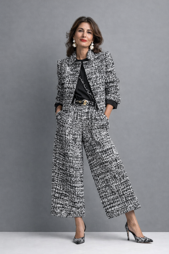 Norabel - Textured Cropped Jacket & Wide-Leg Trousers Set