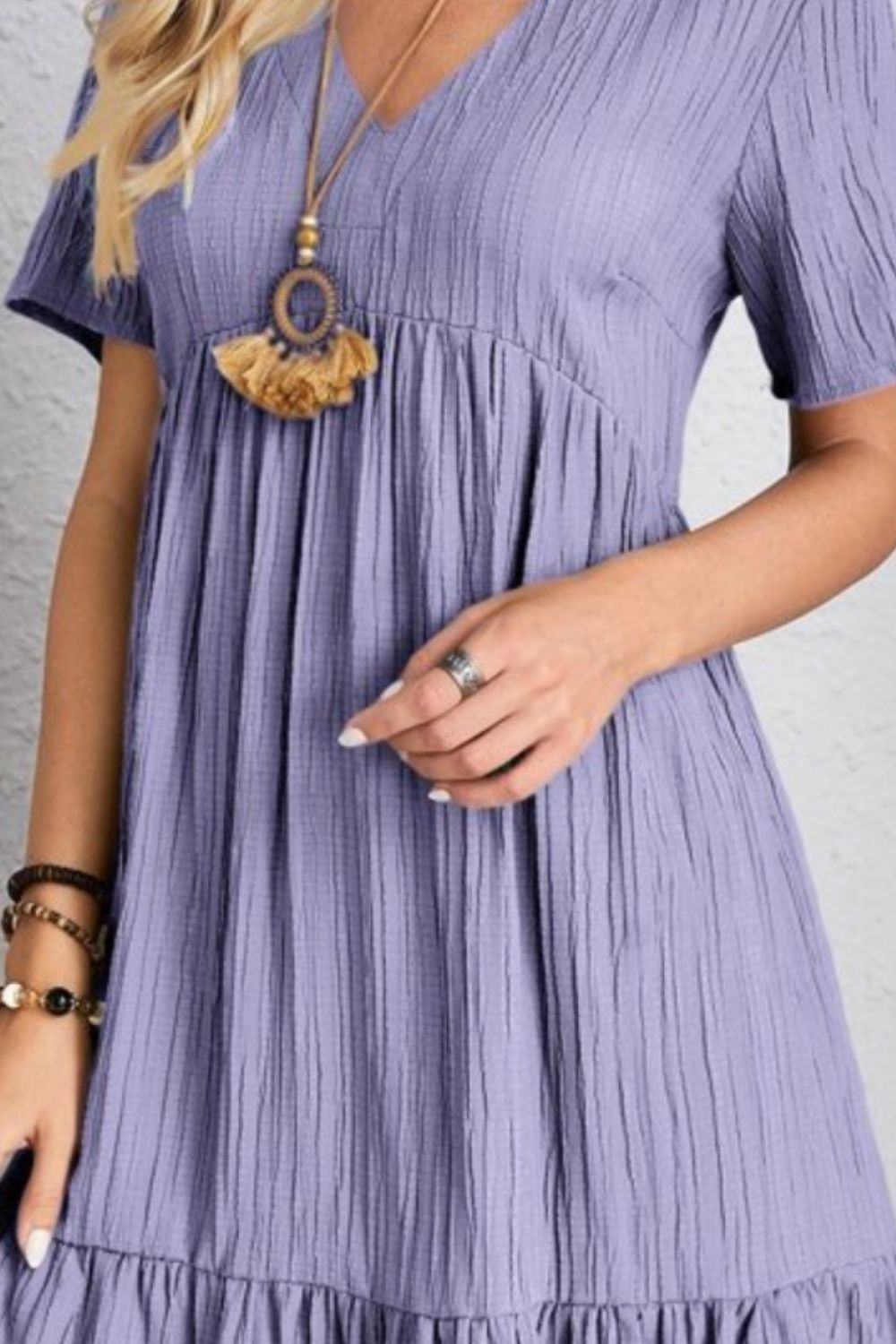 Belinda - Textured V Neck Tiered Mini Dress
