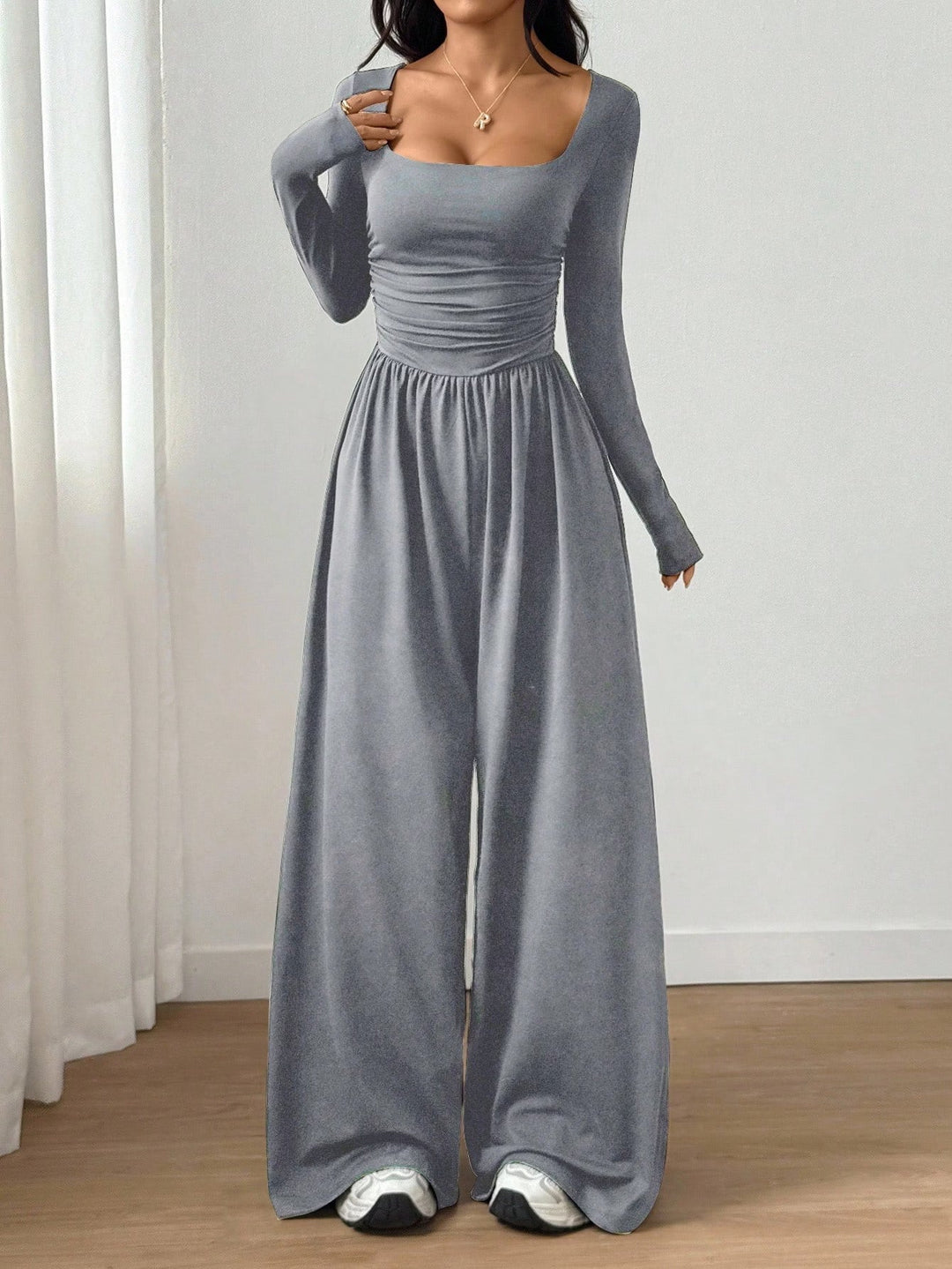 Alise - Ruched Square Neck Wide Leg Jumpsuit