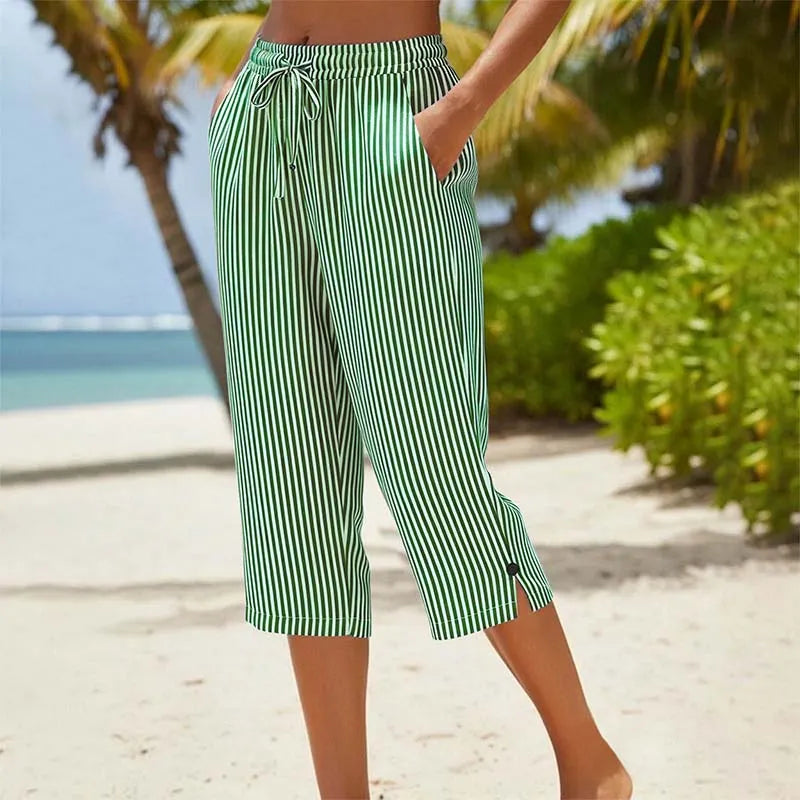 Roselina - Striped Drawstring Capri Trousers