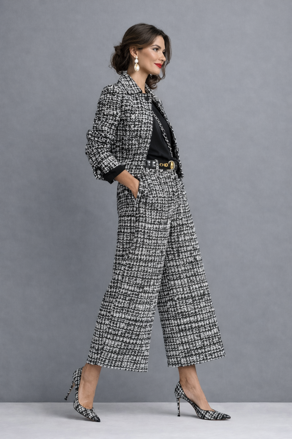 Norabel - Textured Cropped Jacket & Wide-Leg Trousers Set
