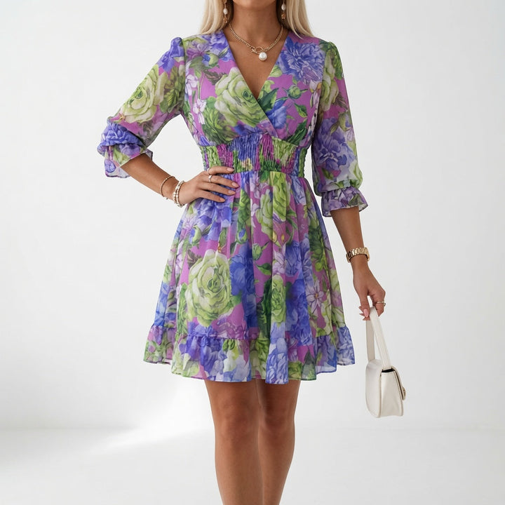 Maelona - Soft-Touch Floral Smocked Mini Dress