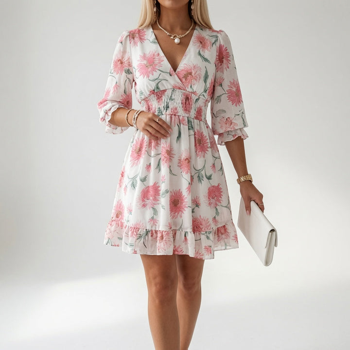 Maelona - Soft-Touch Floral Smocked Mini Dress