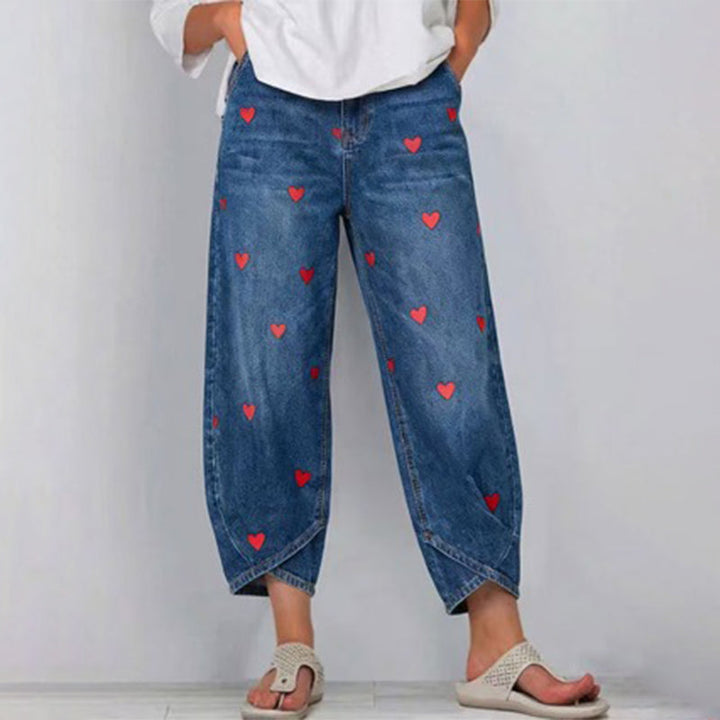 Arabella - Heart Print Barrel Leg Jeans