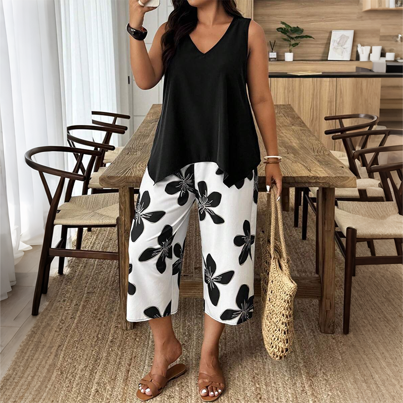 Marissa - Soft-Touch Asymmetric Top & Floral Capri Set