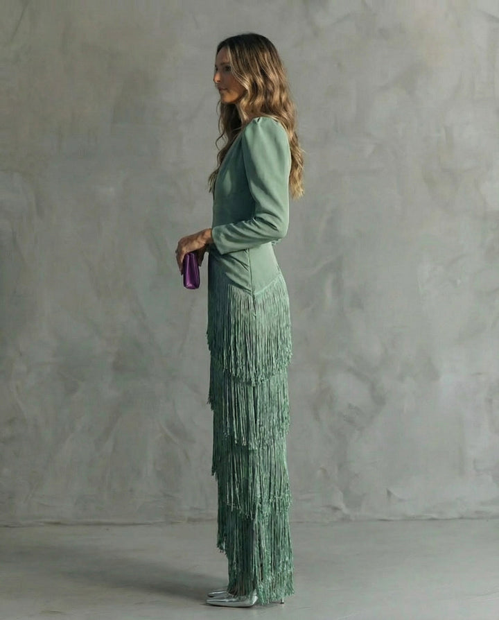 Serenva - Elegant Fringe-Sleeve Midi Dress