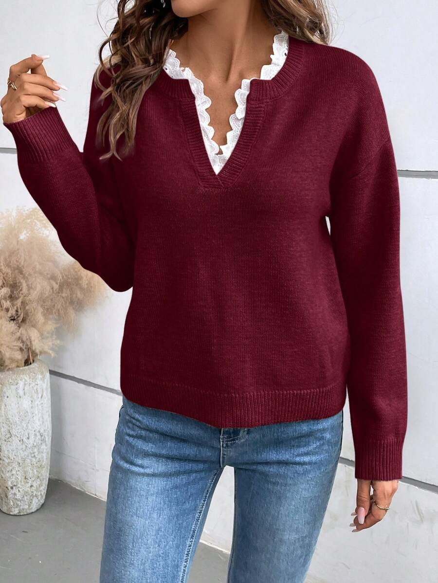 Aloraine - Soft-Touch V-Neck Lace-Trim Jumper