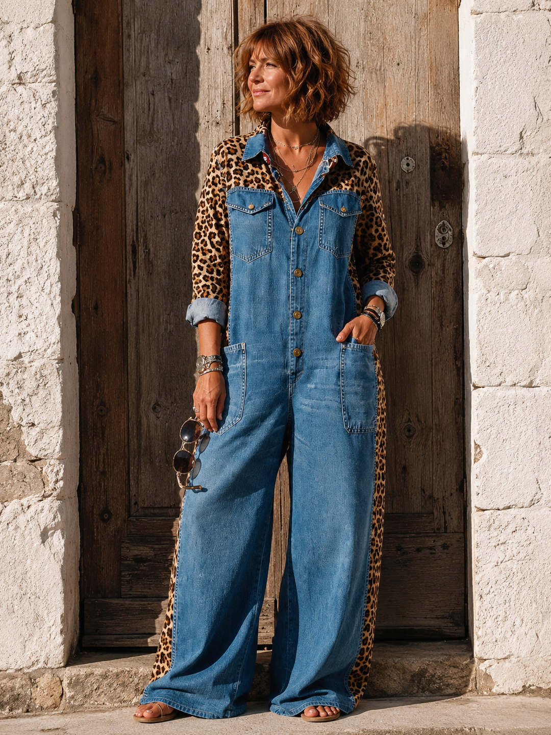 Annalise - Leopard Panel Denim Wide Leg Jumpsuit