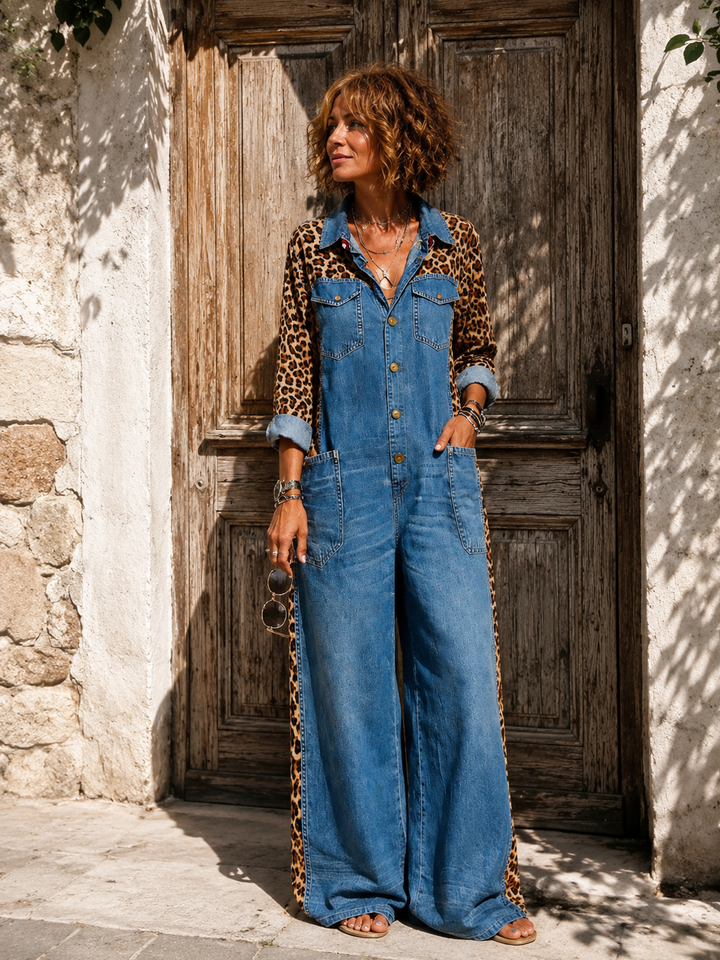 Annalise - Leopard Panel Denim Wide Leg Jumpsuit