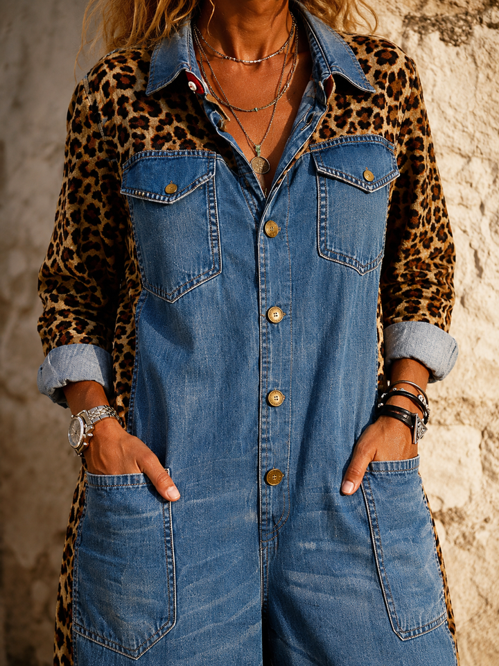 Annalise - Leopard Panel Denim Wide Leg Jumpsuit