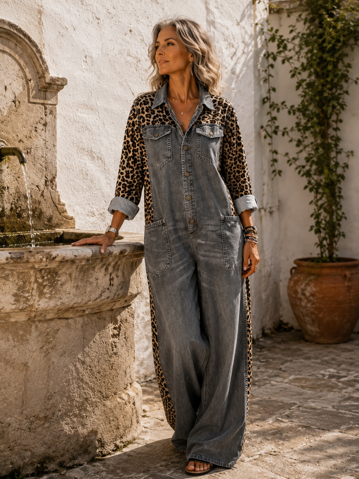 Annalise - Leopard Panel Denim Wide Leg Jumpsuit