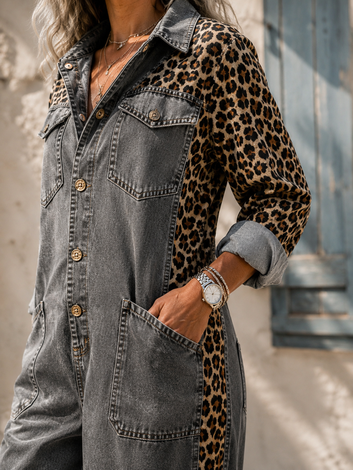 Annalise - Leopard Panel Denim Wide Leg Jumpsuit