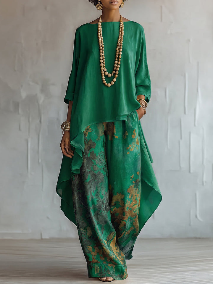 Anwyn - Layered Chiffon Top And Wide Leg Trousers Set