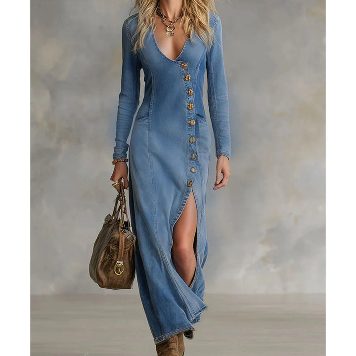 Rinae - Sculpting Long-Sleeve V-Neck Maxi Dress