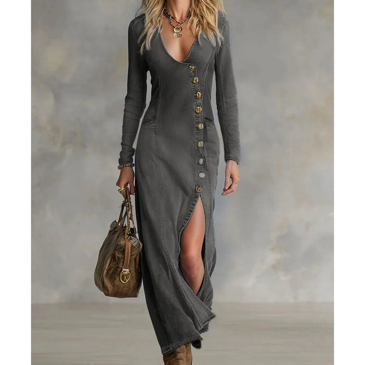 Rinae - Sculpting Long-Sleeve V-Neck Maxi Dress